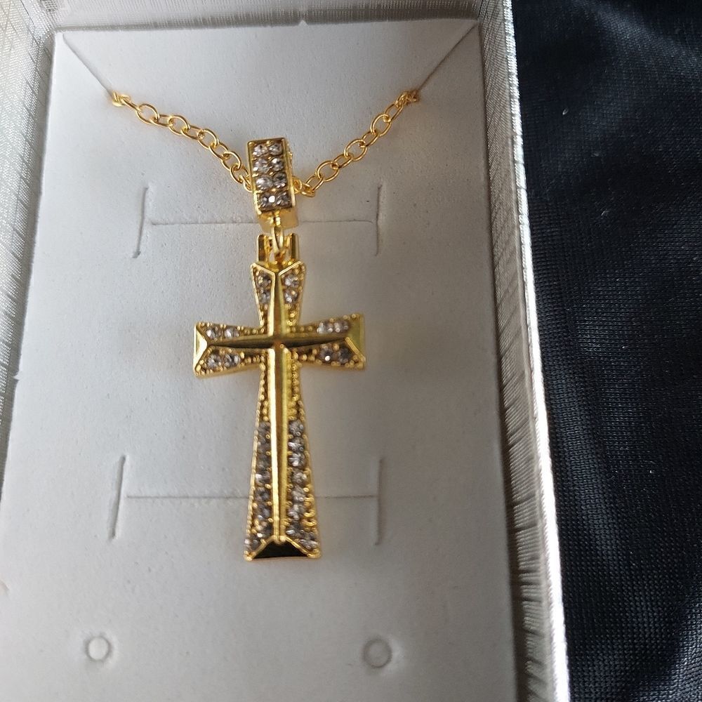 GOLD DIAMOND CROSS UNISEX NECKLACE - Picture 5 of 8